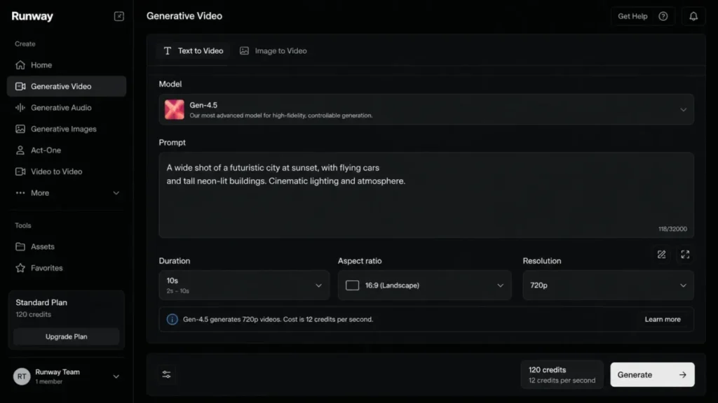 Runway Gen-4.5 text-to-video interface showing 10-second duration, 720p output, and 12 credits per second