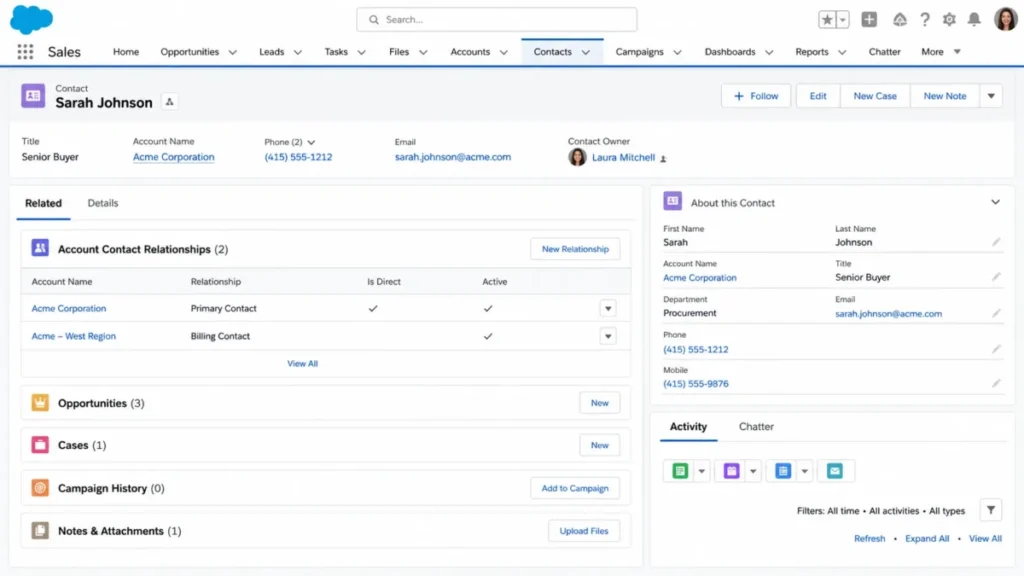 Salesforce Lightning contact record showing Account Contact Relationships with one direct account and one related account without creating duplicate contact records.