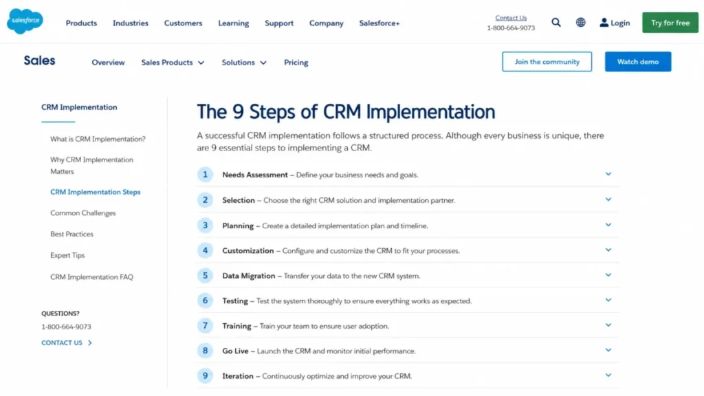 Salesforce CRM implementation guide showing the nine implementation steps