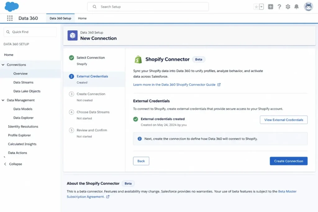 Salesforce Data 360 Shopify Connector setup showing the Beta badge, completed external credentials, and the Create Connection step.