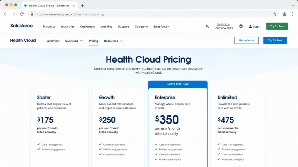 Salesforce Health Cloud Enterprise priced at $350 per user per month, billed annually.