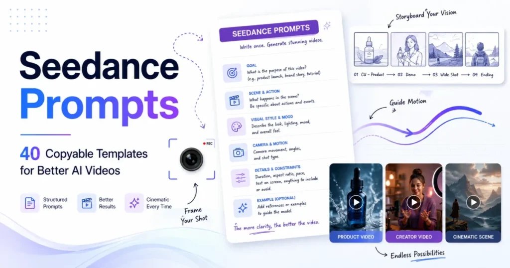 Seedance 2.5 prompts featured image showing 40 copyable AI video prompt templates