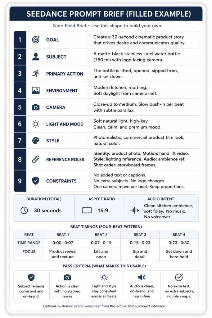 Seedance 2.5 prompts filled brief worksheet with nine prompt fields, beat timings, audio intent, and pass criteria