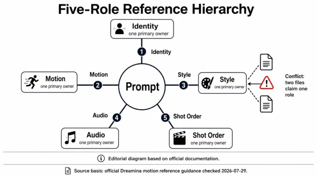 Seedance 2.5 prompts five-role reference hierarchy showing identity, motion, style, audio, and shot order with a conflict example
