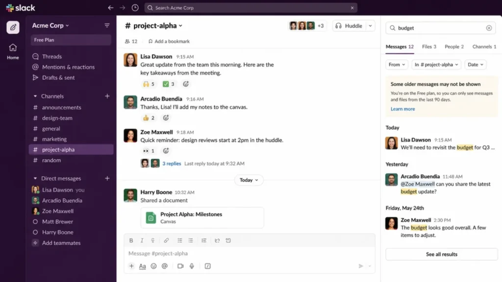 Slack Free workspace showing a project channel, Huddle control, and a search warning that only messages and files from the last 90 days are visible.