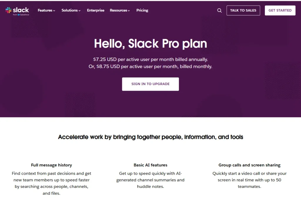Slack Pro pricing page showing $7.25 per active user monthly when billed annually and $8.75 when billed monthly