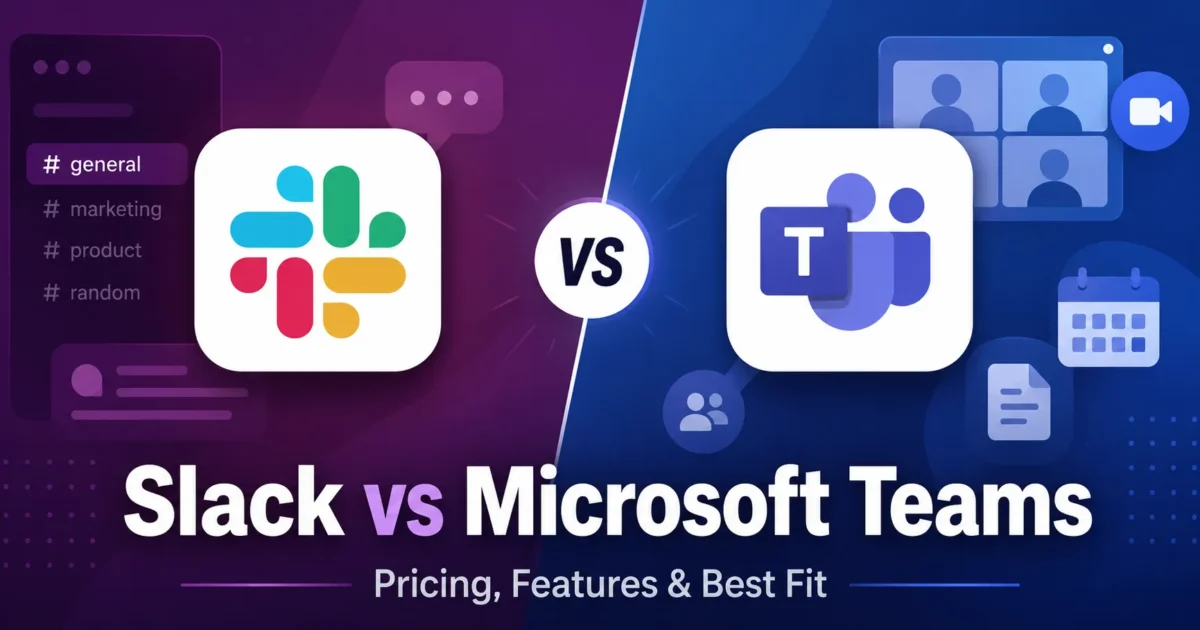 Slack vs Microsoft Teams comparison featuring both logos with messaging, meetings, files, and calendar collaboration visuals