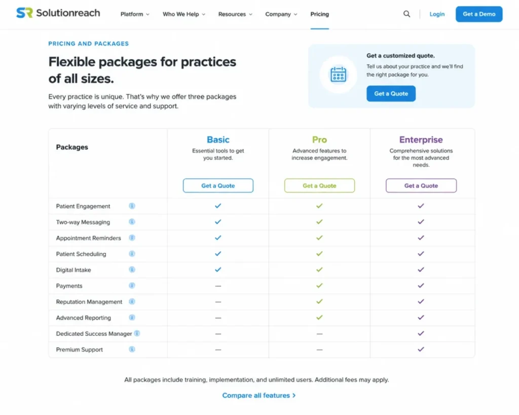 Solutionreach pricing page showing Basic, Pro, and Enterprise packages with feature rows and quote request buttons.