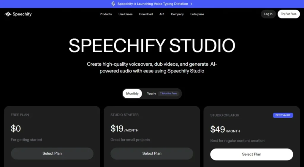 Speechify Studio pricing page showing the Free, Studio Starter, and Studio Creator monthly plans
