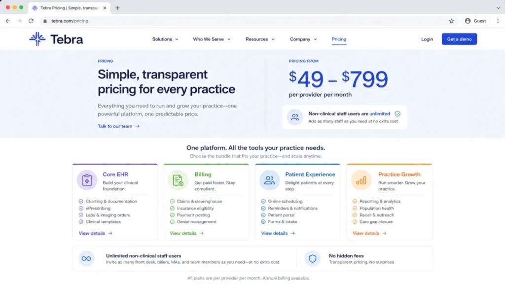 Tebra pricing from $49 to $799 per provider per month with unlimited non-clinical staff users.