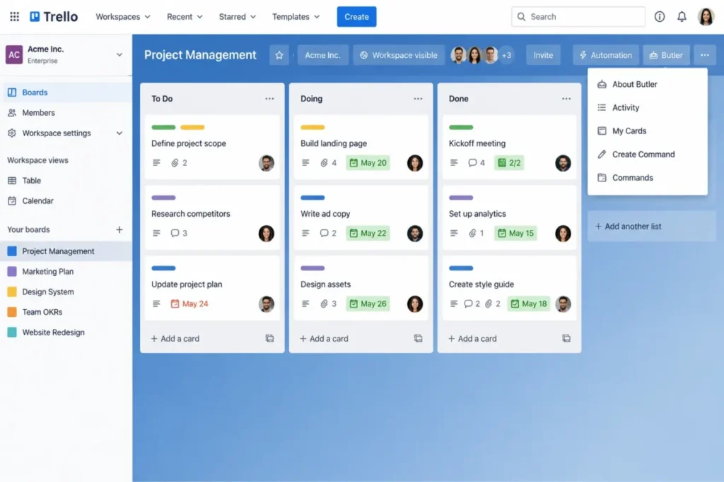 Trello board showing To Do, Doing, and Done lists with the Butler automation panel displaying 423 of 1,000 command runs used