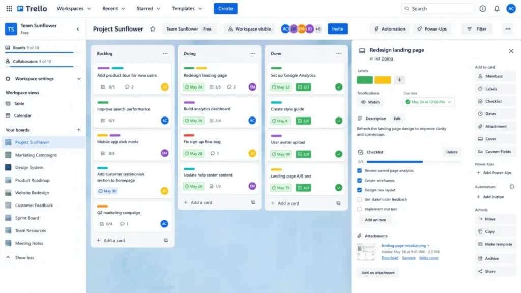 Trello Free Kanban board showing Backlog, Doing, and Done lists with workspace usage at 9 of 10 boards and 9 of 10 collaborators.