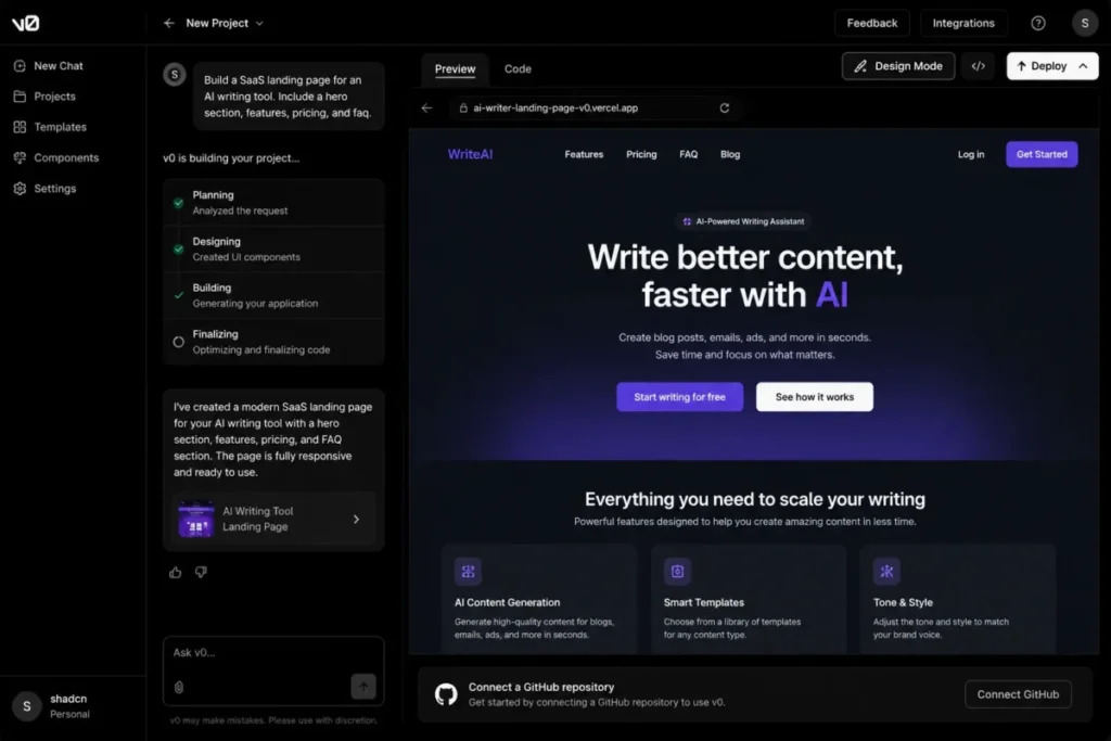 v0 by Vercel interface showing an app-generation prompt, build progress, live preview, GitHub connection, and Deploy control.