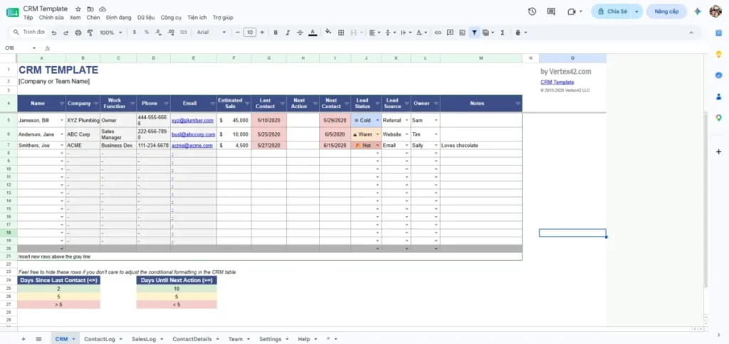 Vertex42 Google Sheets CRM template showing contacts, next actions, lead status, and follow-up dates
