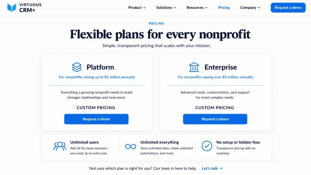 Virtuous CRM Plus pricing showing Platform for nonprofits raising up to $5 million annually, Enterprise above $5 million, and unlimited users