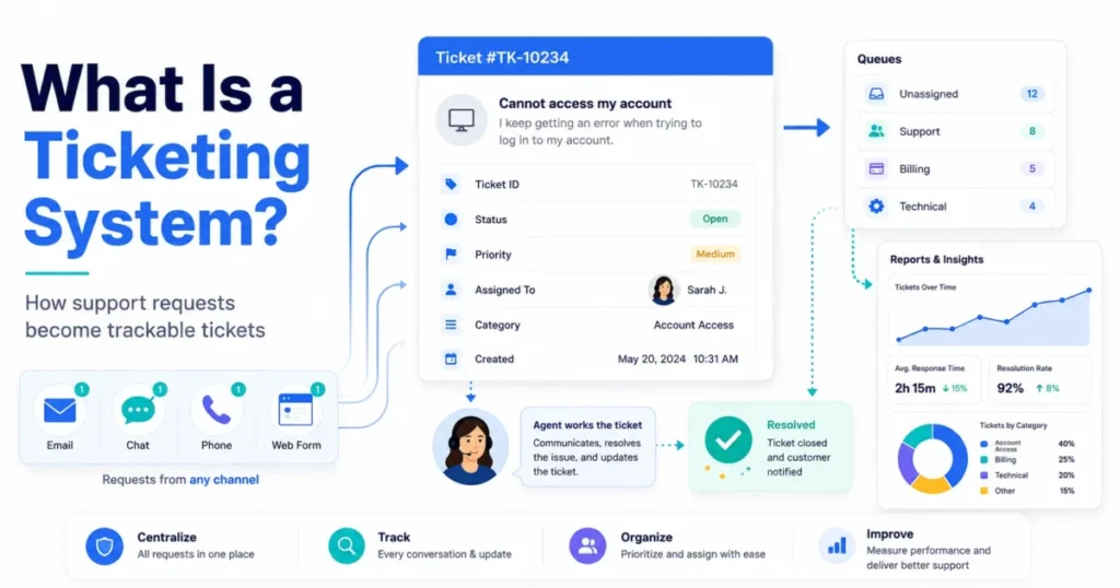 What is a ticketing system illustration showing support requests becoming trackable tickets with queues, assignment, resolution, and reporting