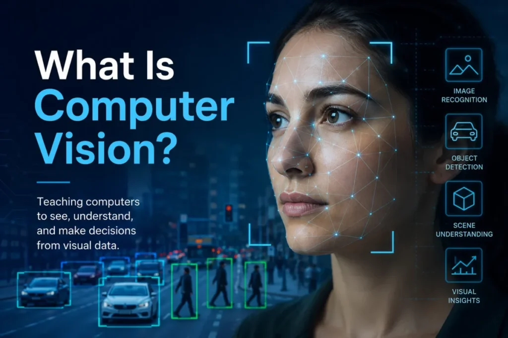 AI-powered computer vision analyzing a human face and objects using facial recognition and object detection technology.