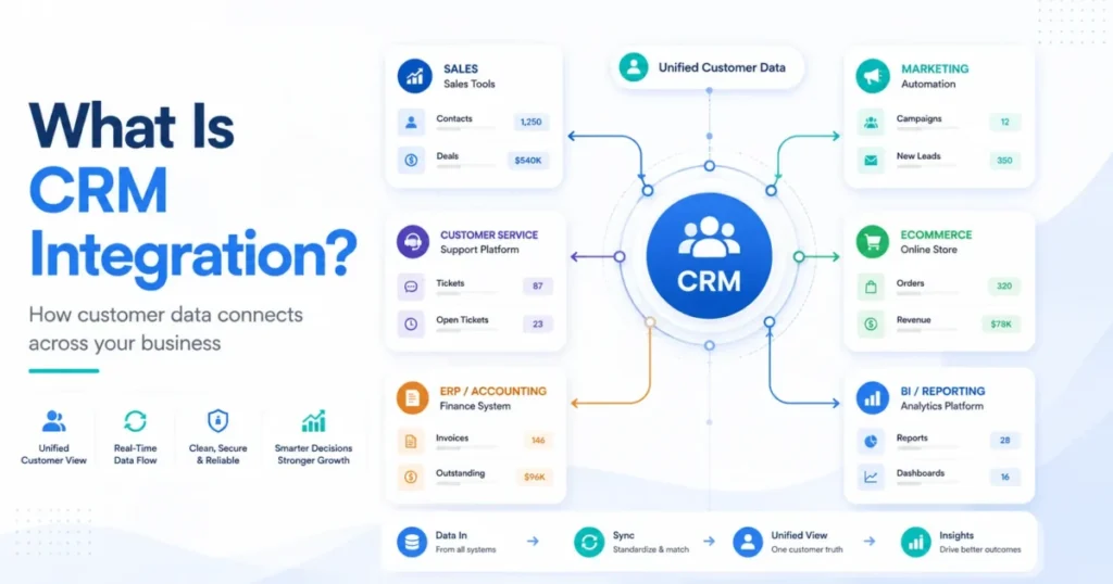 Featured image for What Is CRM Integration showing a central CRM hub connected to sales, marketing, customer service, ecommerce, ERP accounting, and BI systems.
