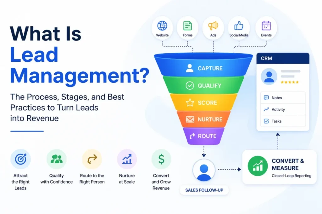 Featured image for What Is Lead Management showing a funnel with capture, qualify, score, nurture, route, CRM follow-up, and closed-loop reporting.