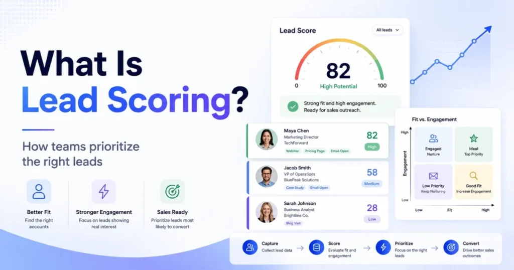 What is lead scoring featured image showing a lead score dashboard, contact cards, fit versus engagement matrix, and sales prioritization flow.