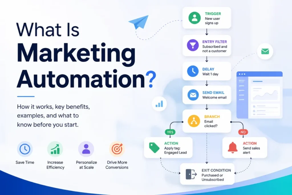 Featured image for What Is Marketing Automation showing an automated workflow with trigger, filter, delay, email, branch, action, and exit condition.
