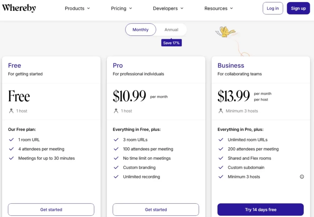 Whereby Meetings pricing page comparing Free, Pro, and Business plans, including Pro at $10.99 per month and Business at $13.99 per host with a three-host minimum.