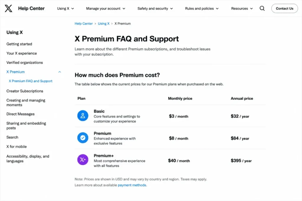 X Premium pricing table showing Basic at $3 monthly, Premium at $8 monthly, and Premium Plus at $40 monthly