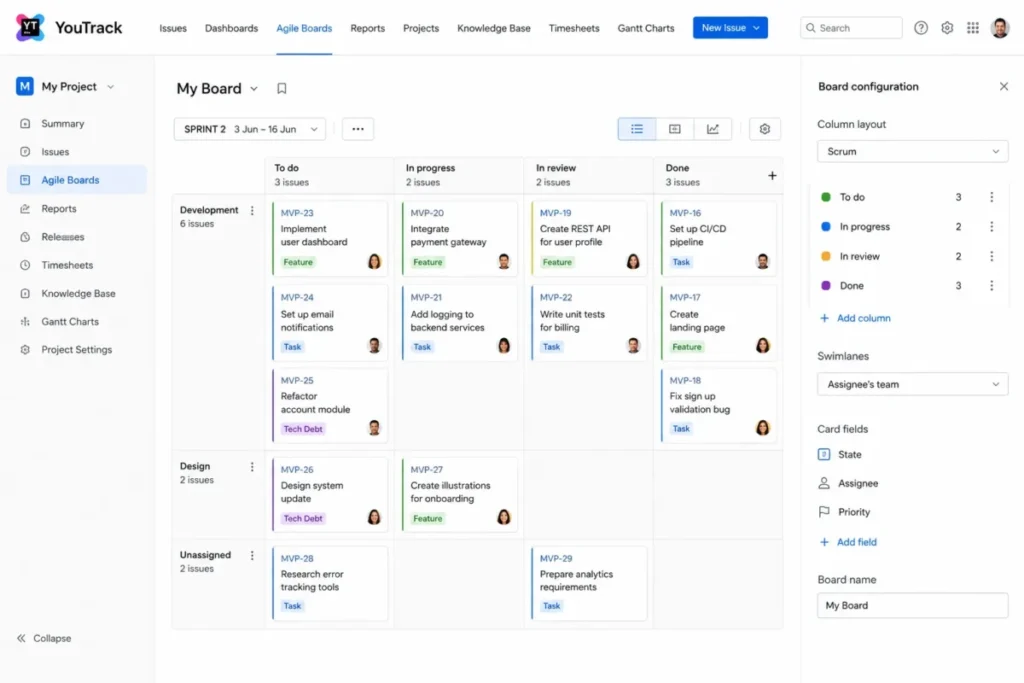 YouTrack Scrum board showing configurable columns, swimlanes, sprint selection, and card fields.