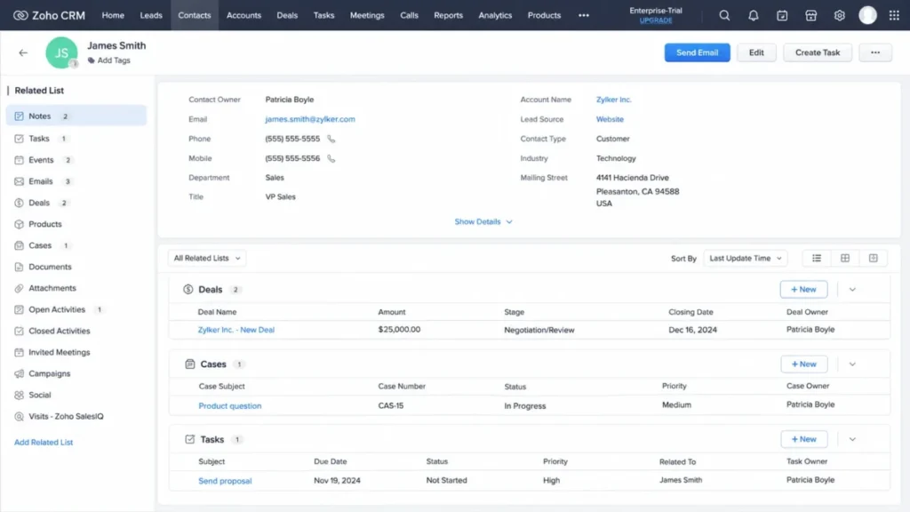 Zoho CRM Contact Details Layout showing a customer record with Notes, Tasks, Events, Emails, Deals, Products, and Cases in a 360-degree contact view.