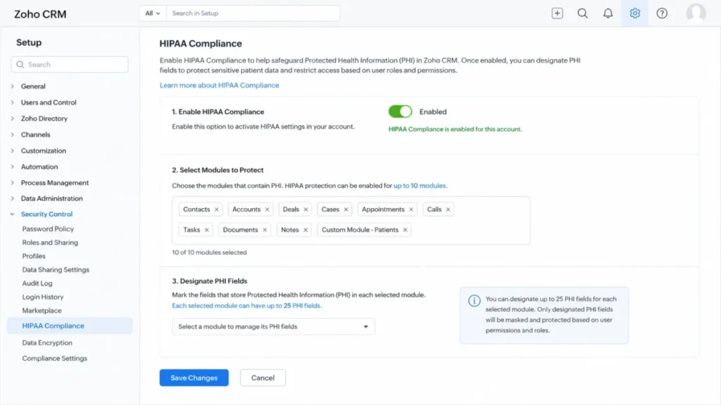 Zoho CRM HIPAA Compliance settings showing a 10-module limit and up to 25 PHI fields per module.