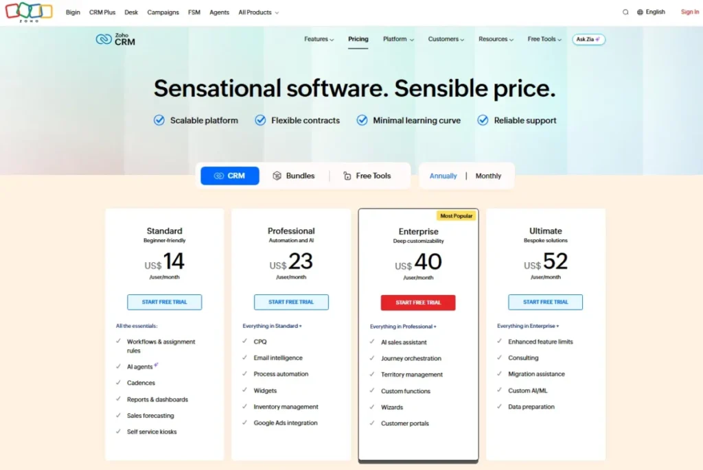 Zoho CRM pricing page showing Standard, Professional, Enterprise, and Ultimate plans in USD