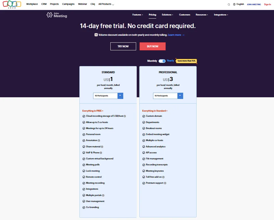 Zoho Meeting pricing page comparing Standard at $1 per host per month and Professional at $3 per host per month when billed annually for 10 participants.