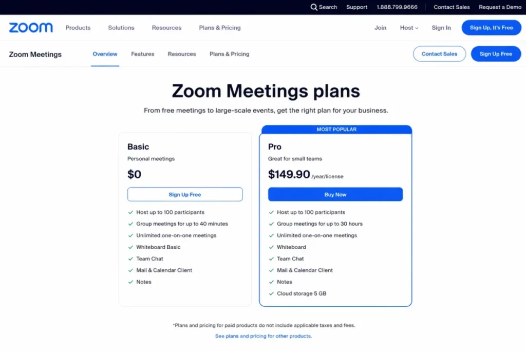 Editorial reconstruction of the Zoom Workplace Basic and Pro plan comparison, showing the free Basic plan, 100-participant capacity, 40-minute group meetings, and 30-hour meetings on Pro.