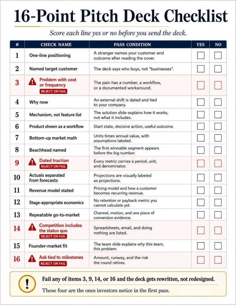16-point pitch deck checklist with problem, traction, competition, and fundraising ask highlighted as critical checks