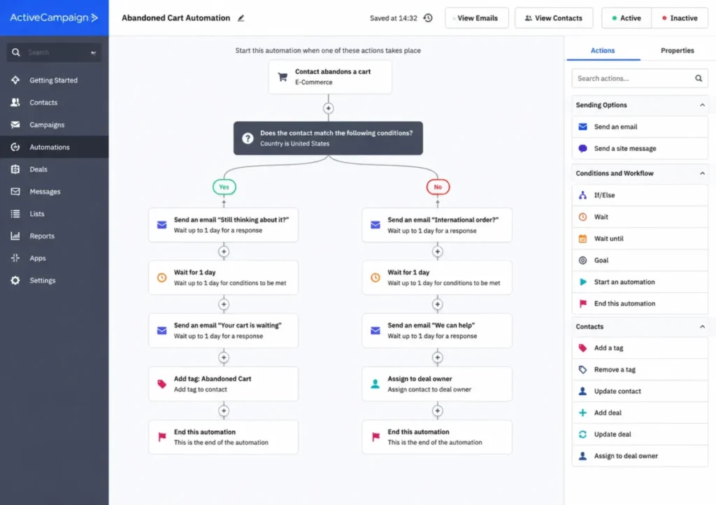 ActiveCampaign automation builder with a start trigger and branching workflow