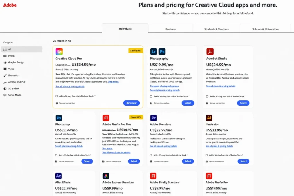 Adobe Creative Cloud Pro pricing showing $34.99 introductory rate and $69.99 regular monthly price