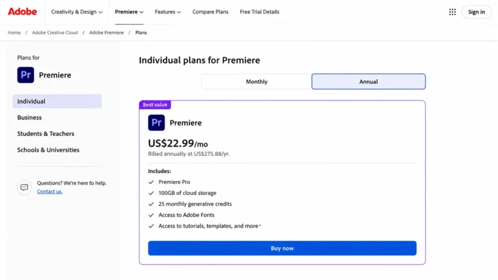 Adobe Premiere individual plan showing $22.99 monthly price, 100GB storage and 25 generative credits
