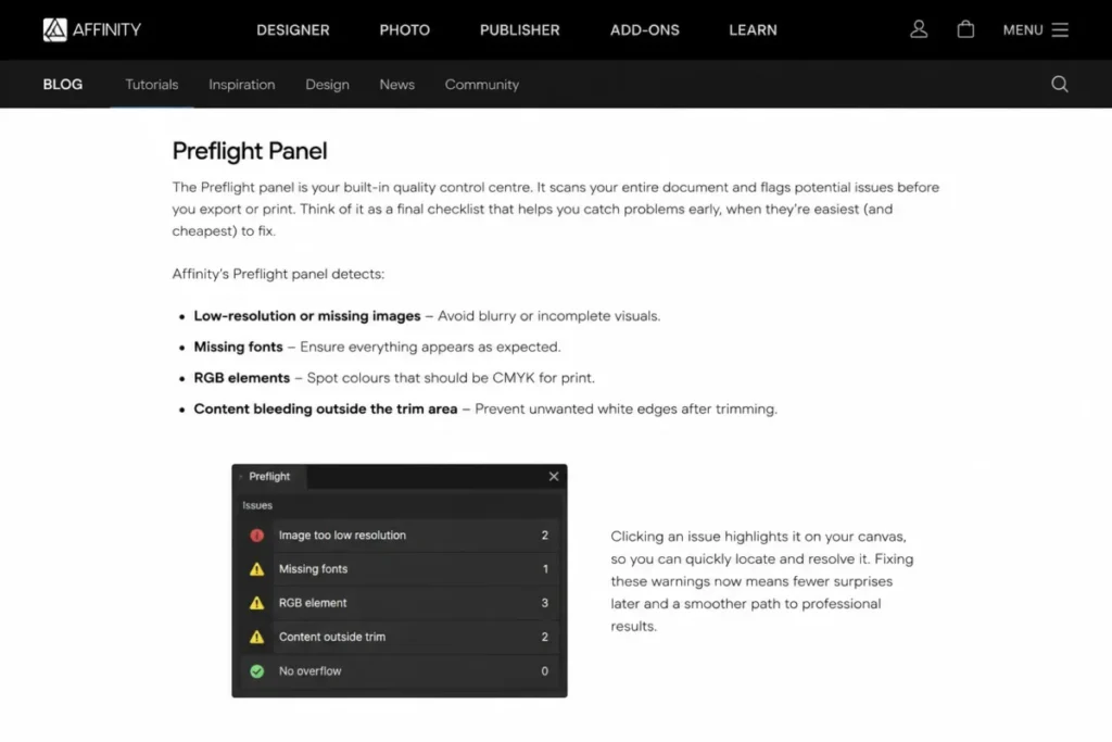 Affinity Preflight panel detecting low-resolution images, missing fonts, RGB elements, and trim issues