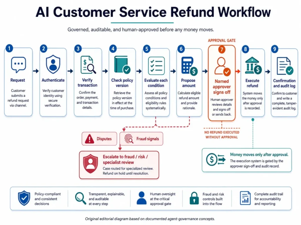 AI customer service refund workflow showing authentication, transaction verification, policy checks, human approval, refund execution, and fraud escalation.