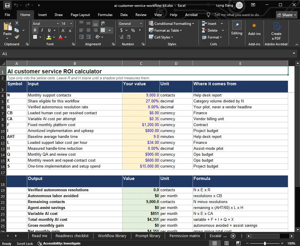 AI customer service ROI calculator in Excel with support volume, AI costs, labor savings, and monthly ROI inputs.