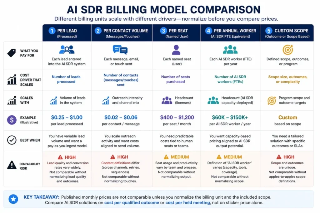 AI SDR billing model comparison showing per lead, per contact volume, per seat, per annual worker, and custom scope pricing