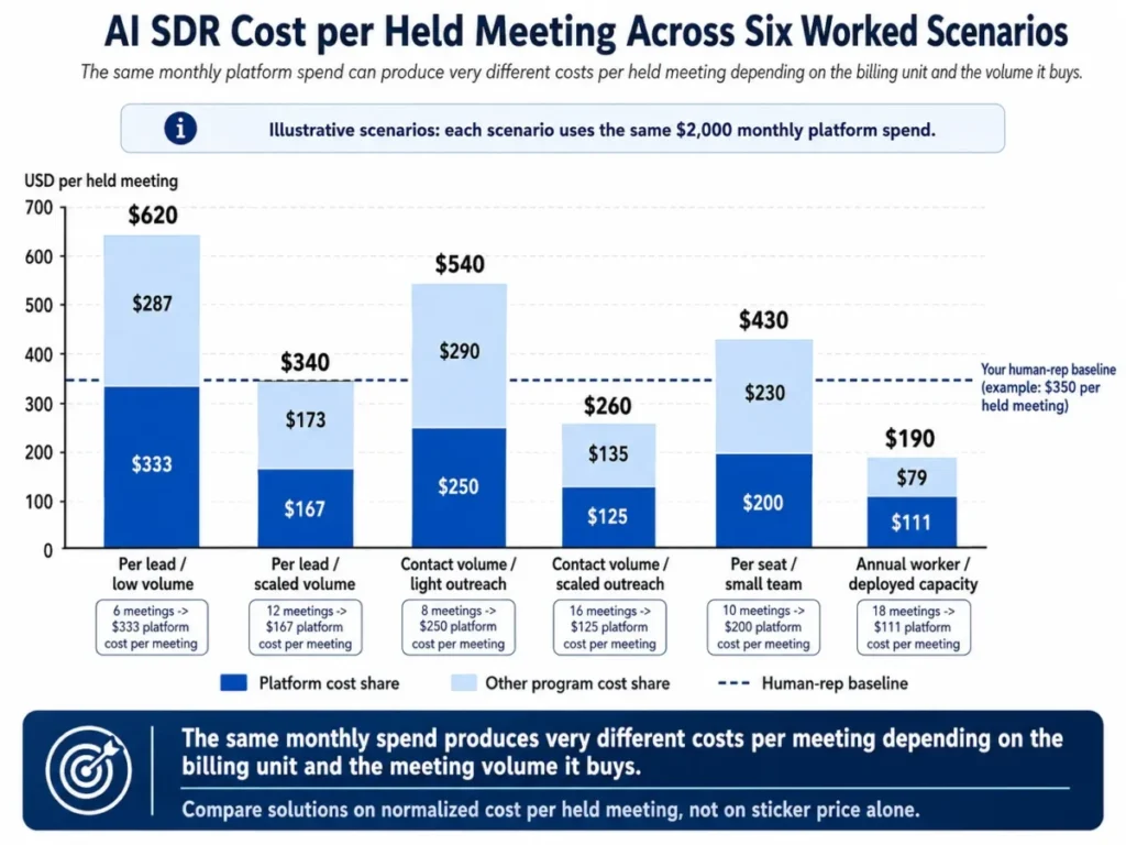 AI SDR cost per held meeting across six scenarios with stacked program costs and a human rep baseline reference line