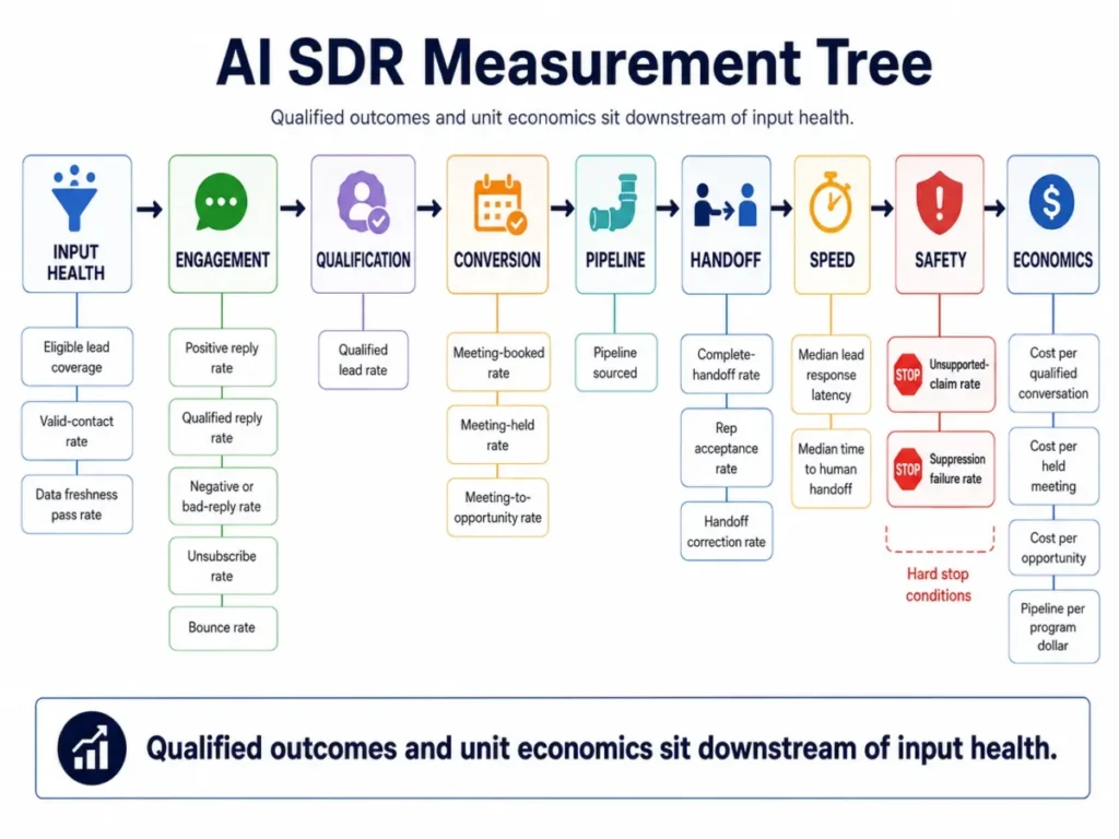 AI SDR measurement tree showing metrics from input health through engagement, qualification, conversion, pipeline, handoff, speed, safety, and economics