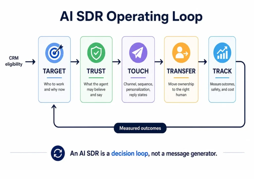 AI SDR operating loop showing TARGET, TRUST, TOUCH, TRANSFER, and TRACK from CRM eligibility to measured outcomes