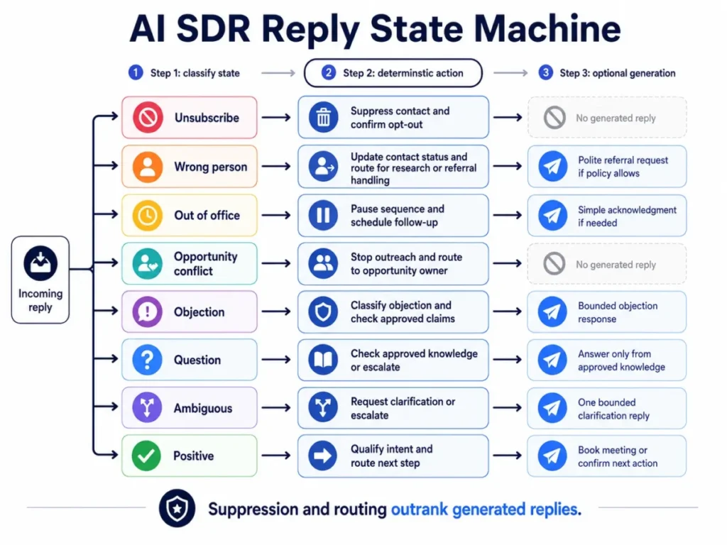 AI SDR reply state machine showing eight reply states mapped to deterministic actions before optional generated replies
