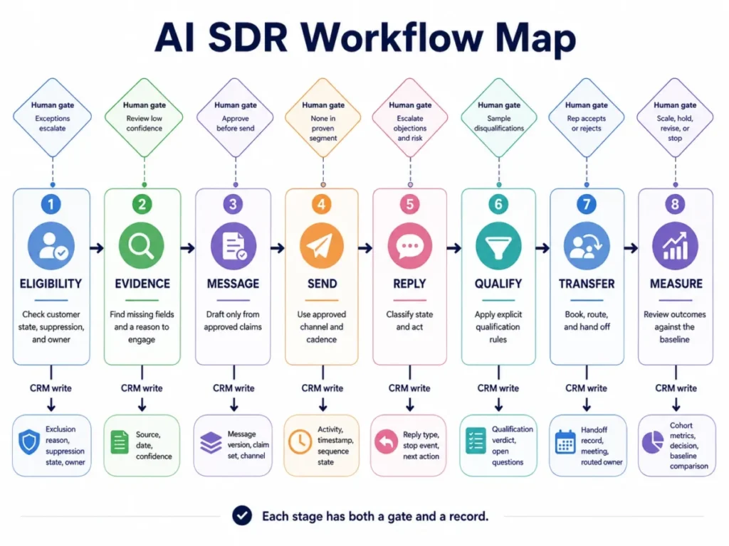 AI SDR workflow map showing eight stages from eligibility to measurement, with a human gate above each stage and a CRM write below each one