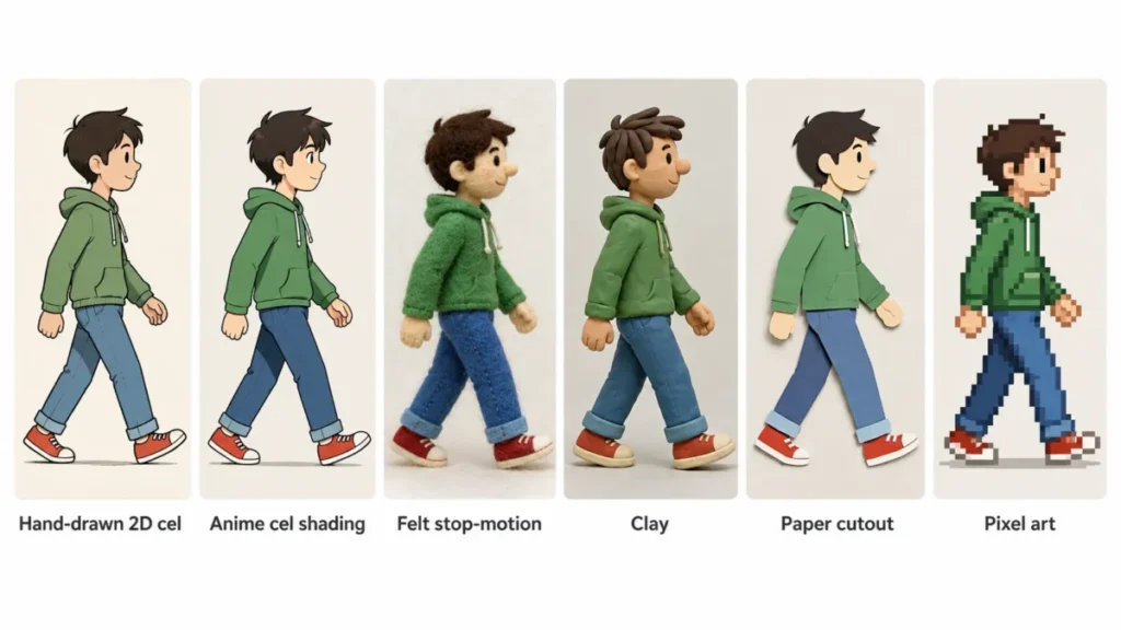 AI video animation technique comparison showing hand-drawn cel, anime, felt stop-motion, clay, paper cutout, and pixel art
