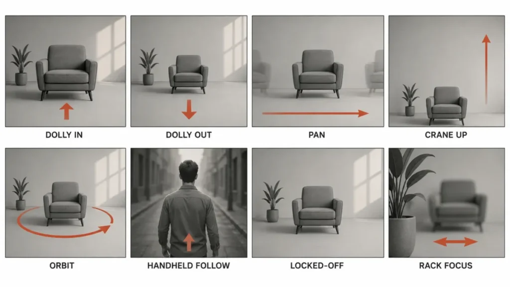 AI video camera movement reference sheet showing dolly, pan, crane, orbit, handheld follow, locked-off, and rack focus