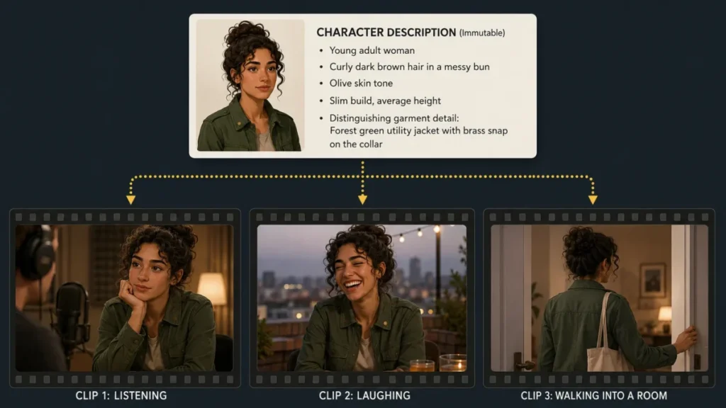 AI video character continuity example showing the same fictional person across three different clips