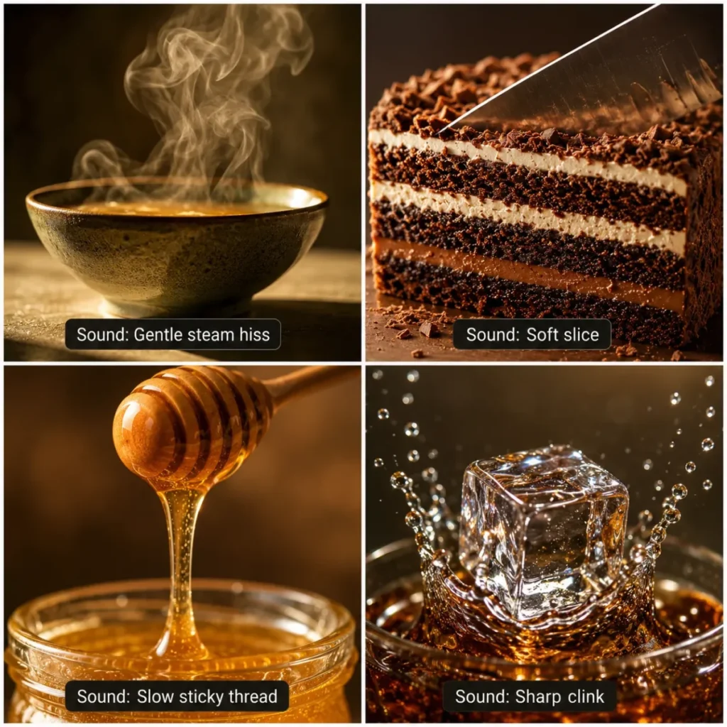 AI video food prompt examples pairing texture changes with steam, slicing, honey drip, and ice clink sounds